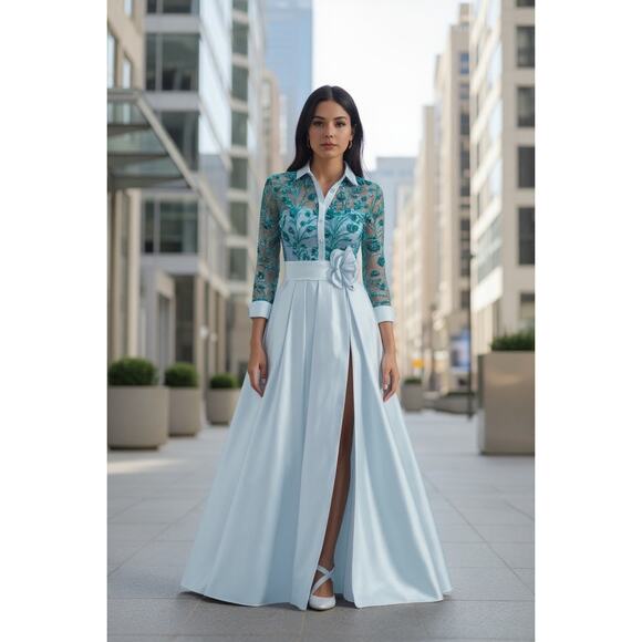 TS Couture Lin Ting Evening Gown Sky Blue Sequin Lace Satin A-Line With Tags - Picture 1 of 10